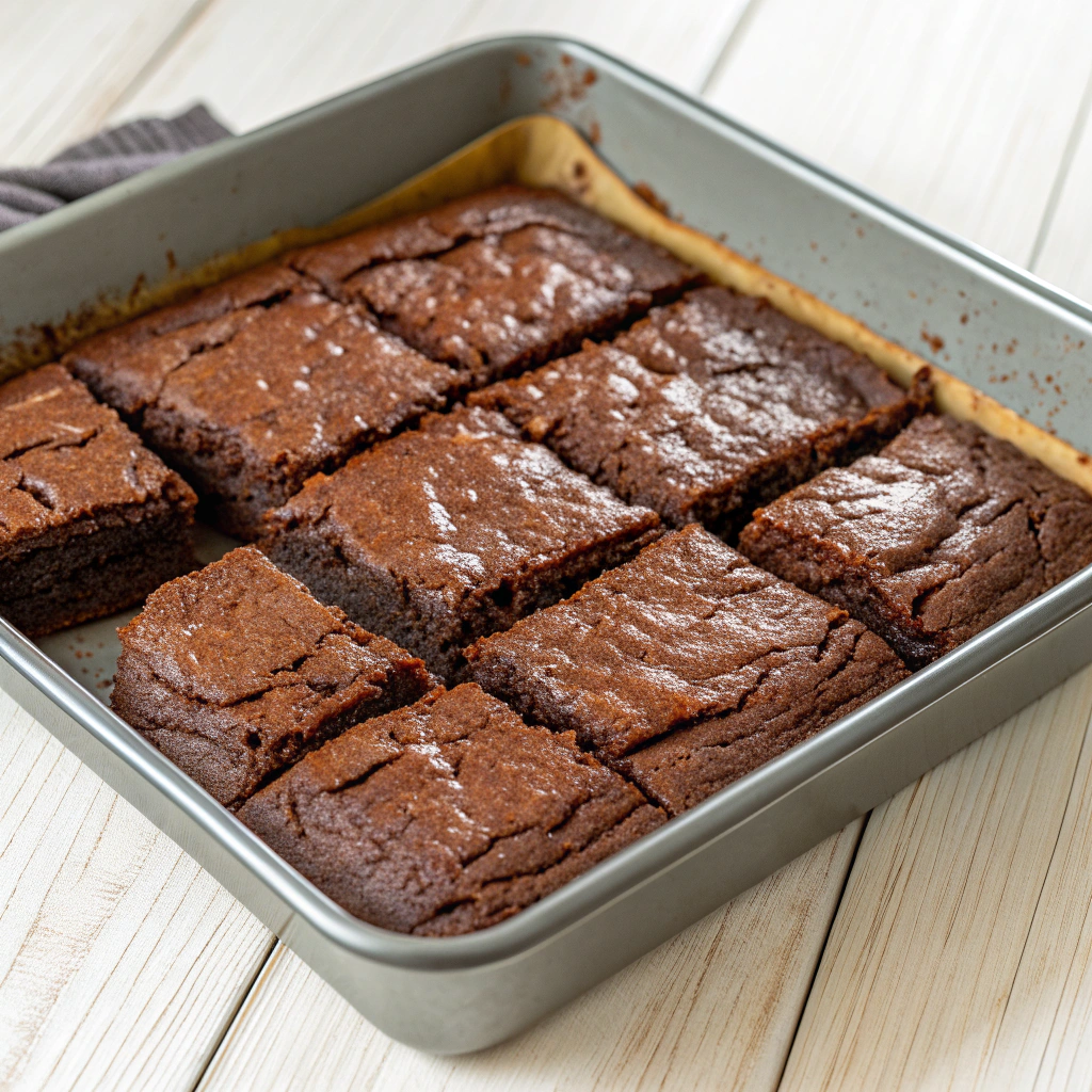 Freshly baked gluten-free chocolate brownies in a square pan.gluten-free desserts