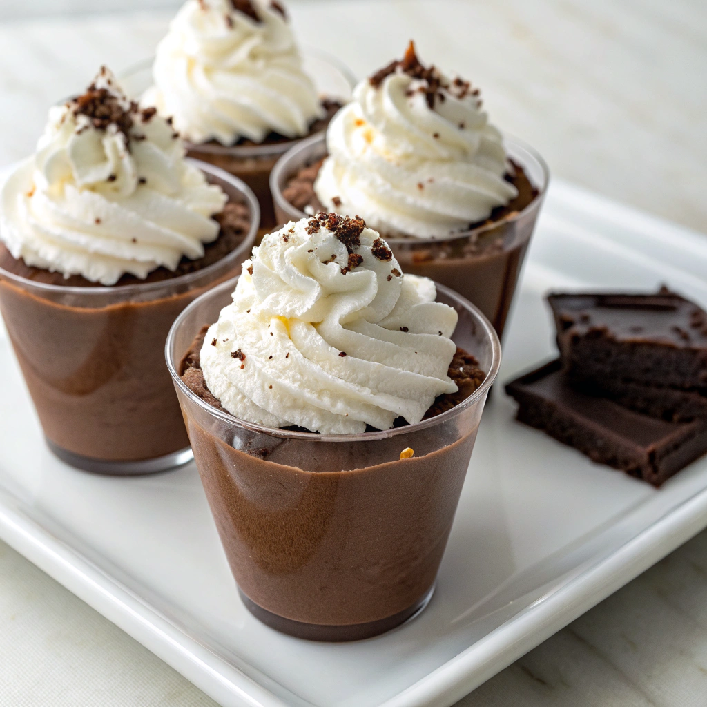 Rich chocolate mousse served in elegant dessert cups topped with whipped cream.