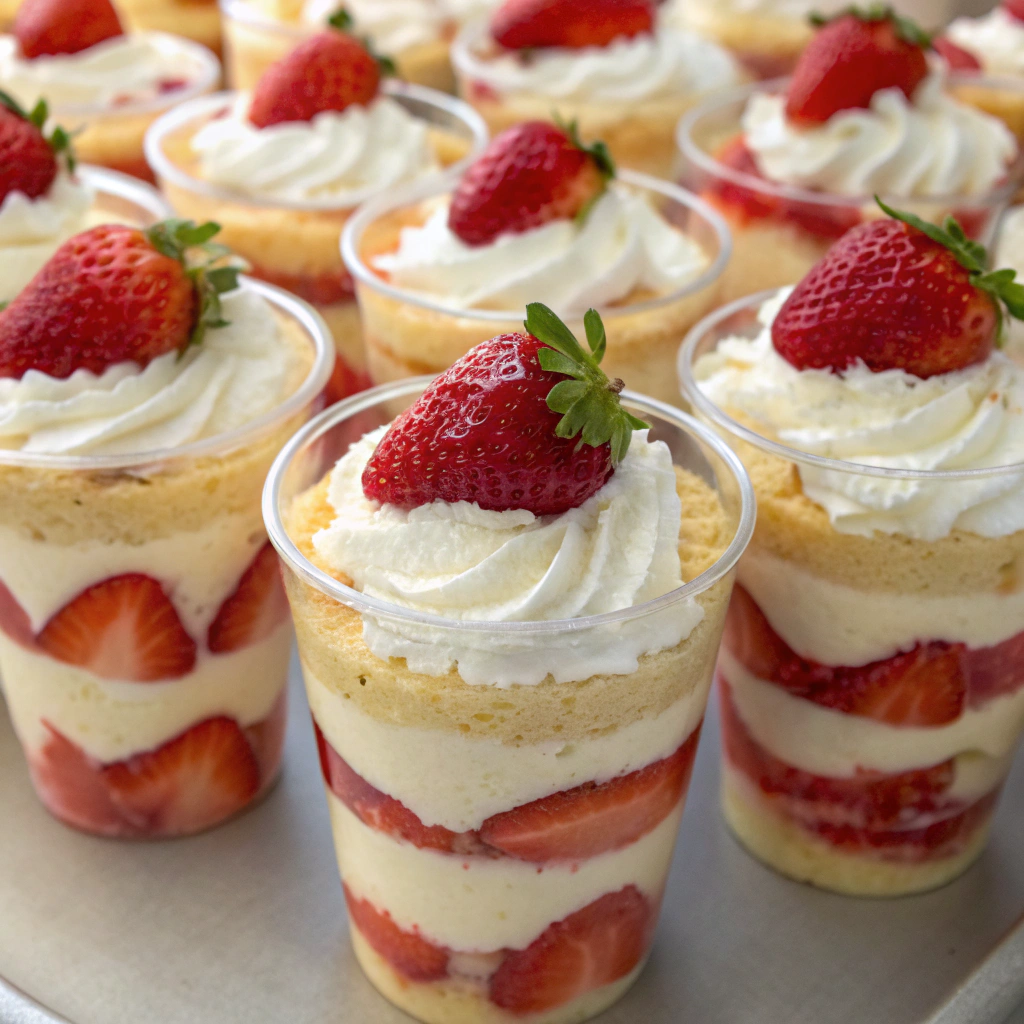 Layered cups of strawberry shortcake with cake, whipped cream, and strawberries.