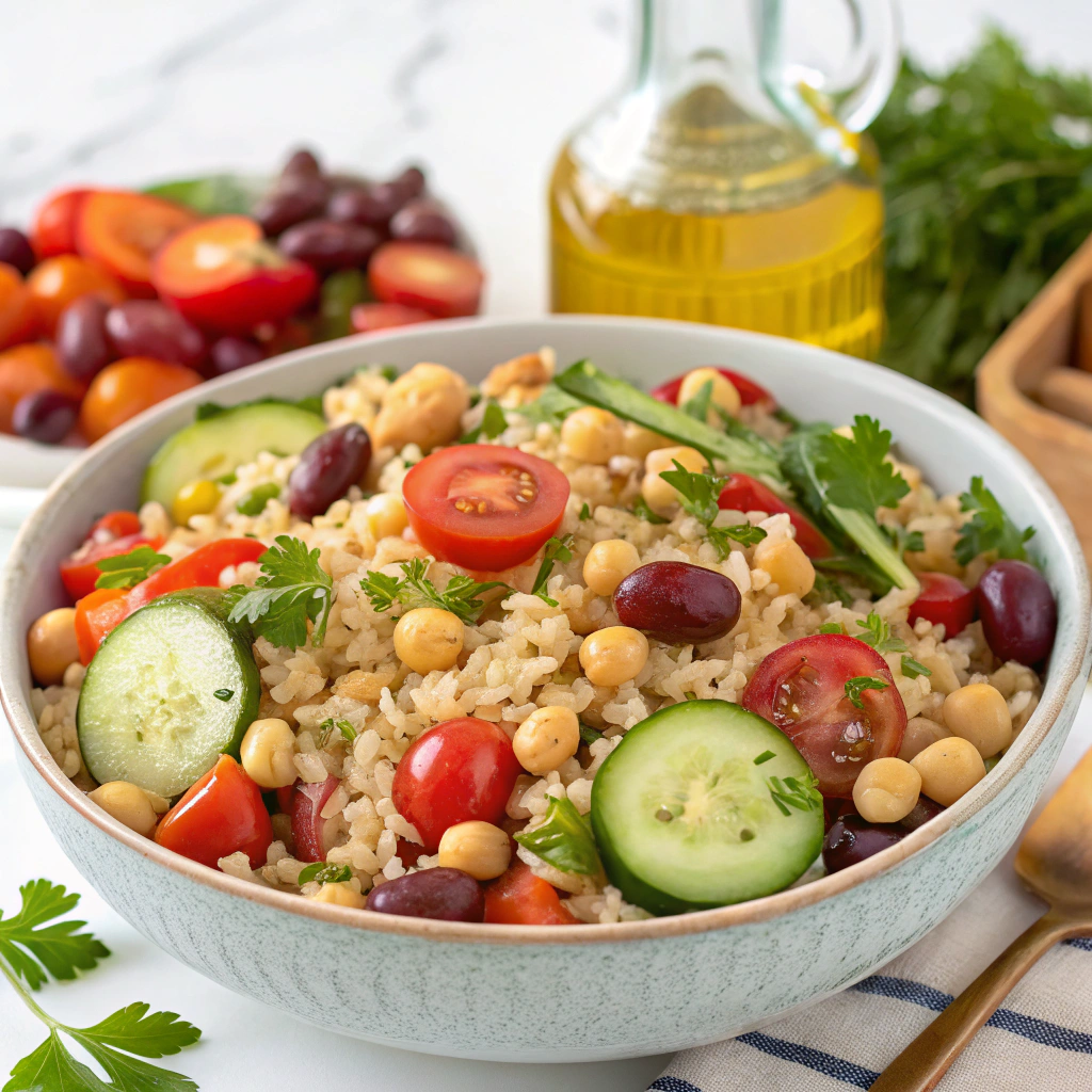 A refreshing Spanish rice salad served in a bowl, bursting with colorful vegetables and chickpeas.