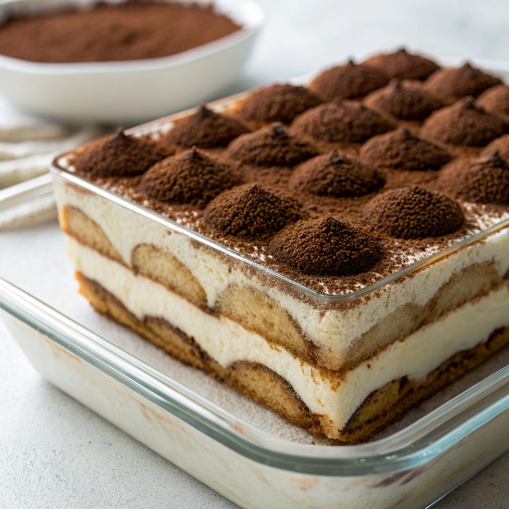 Layers of tiramisu with cocoa powder on top in a glass dish.easy italian desserts