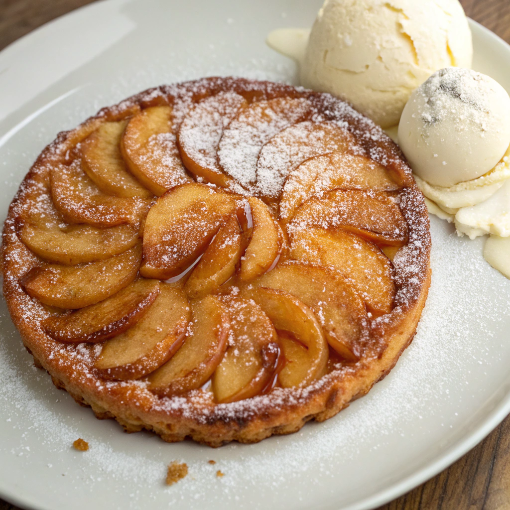 Upside-down caramelized apple tart (Tarte Tatin) served warm.trendy French dessert recipes