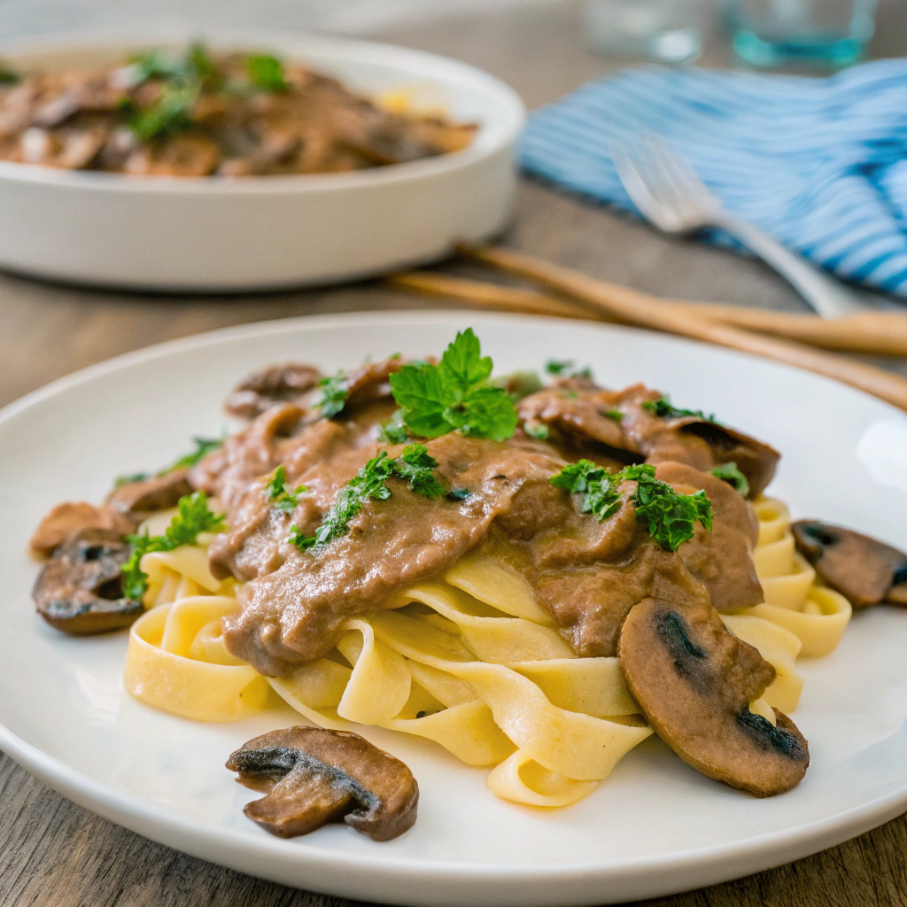 Vegan mushroom stroganoff served over pasta with a creamy sauce.(Vegan Dinners)