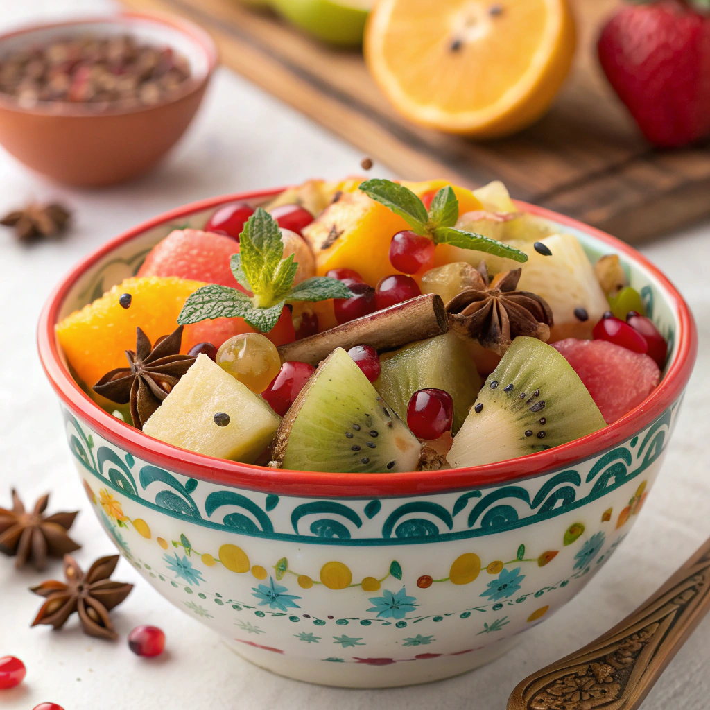 A colorful bowl of fruit chaat with assorted seasonal fruits and spices.