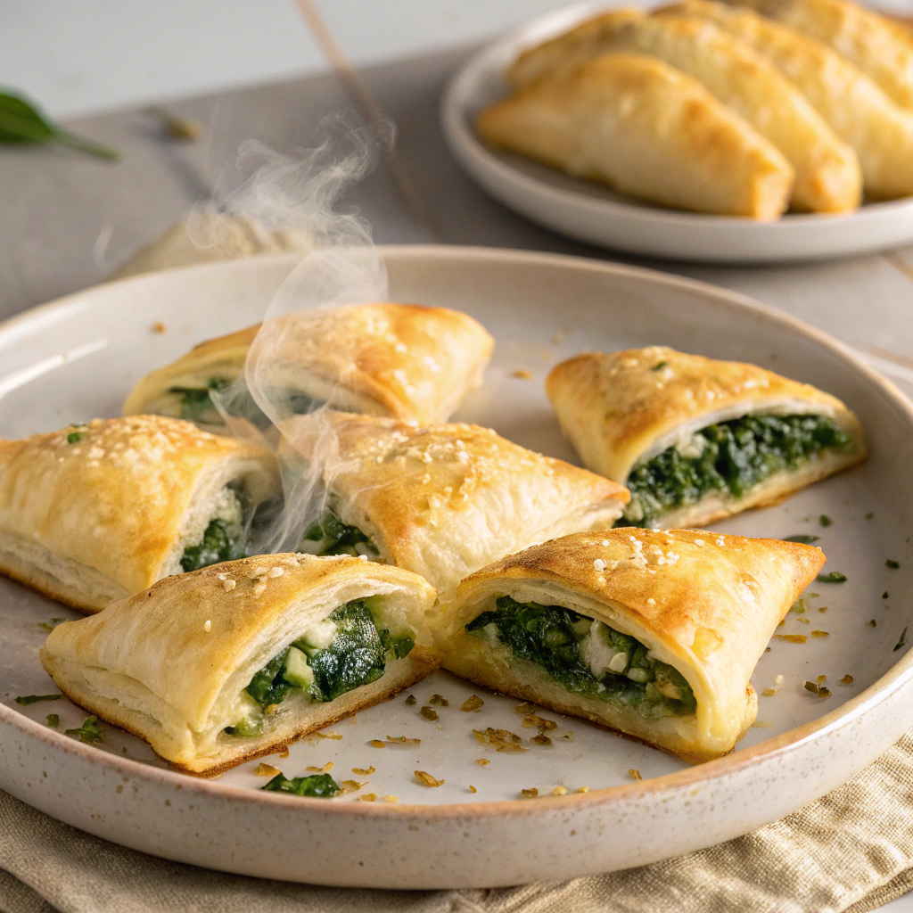 Flaky spinach and cheese stuffed pastries arranged on a plate.