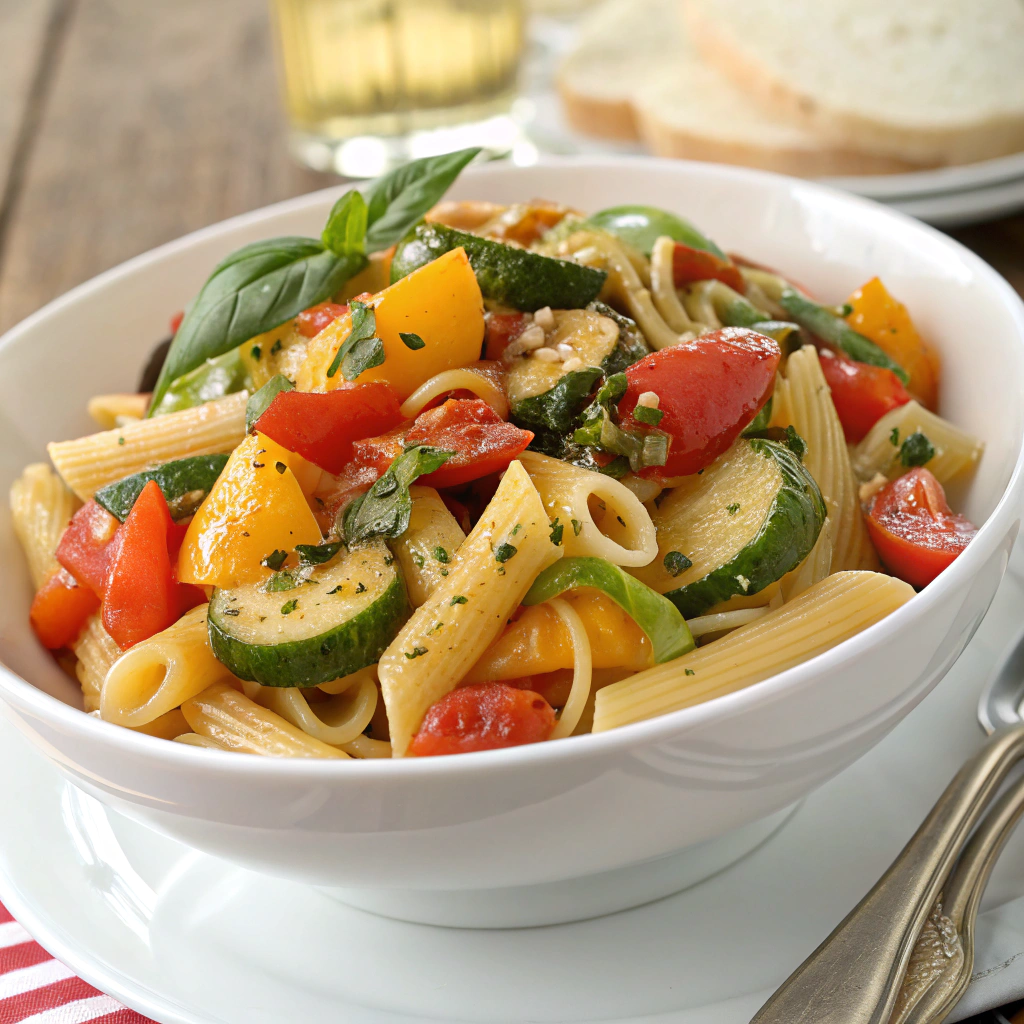 A colorful bowl of pasta primavera, featuring fresh seasonal vegetables, a budget-friendly Ramadan recipe idea.