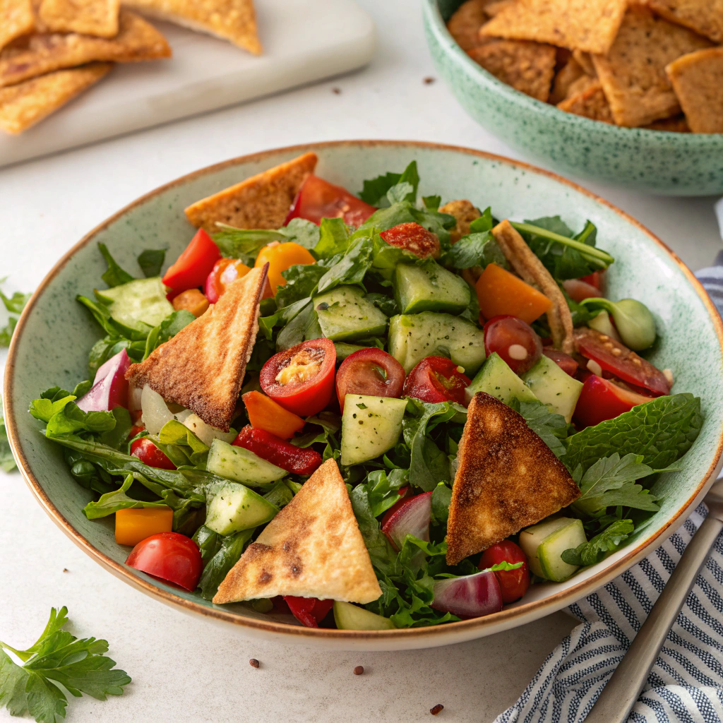 A colorful Fattoush Salad featuring mixed greens, tomatoes, cucumbers, and toasted pita, representing easy Ramadan recipes.