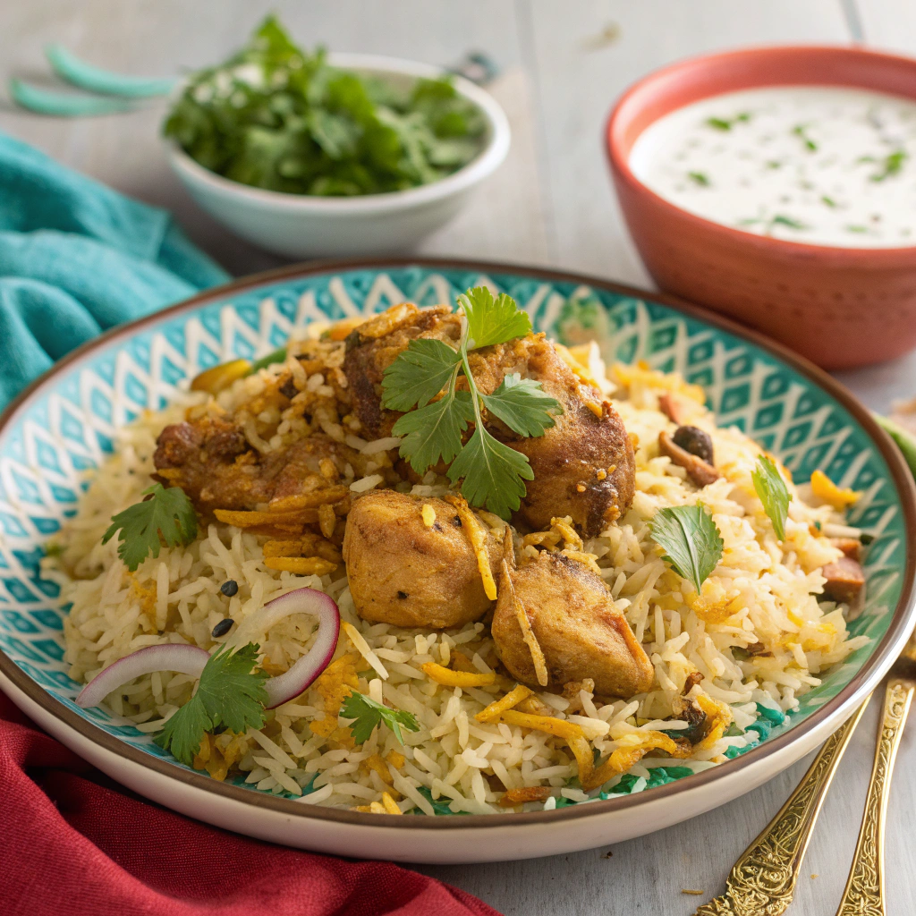 A colorful plate of chicken biryani garnished with fresh herbs and served with raita.Ramadan Recipes