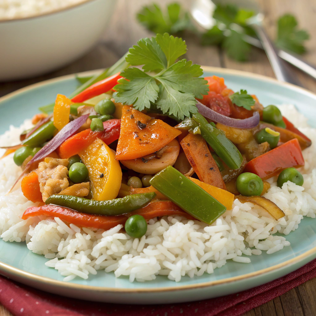 A colorful vegetable stir-fry served over rice, showcasing a quick Ramadan recipe idea.