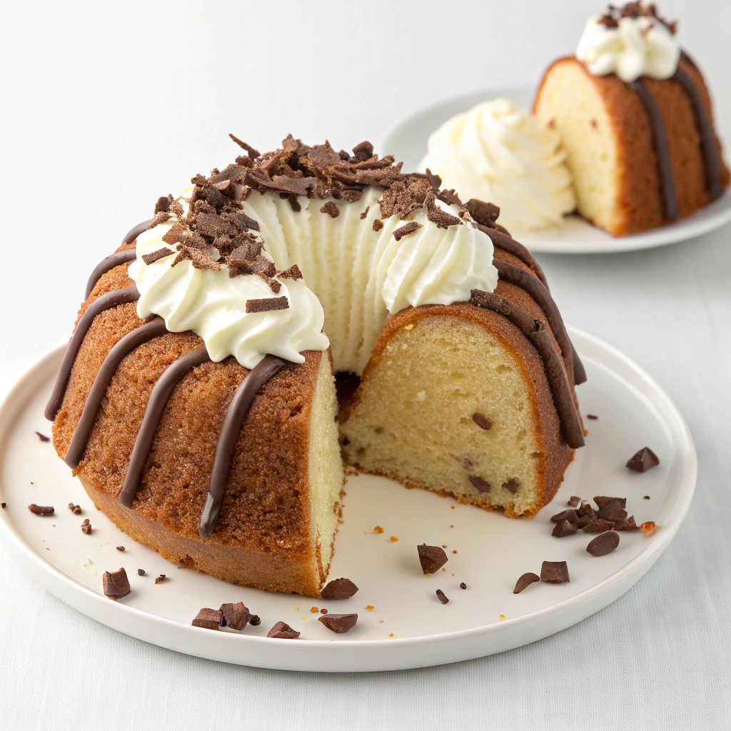 A slice of bundt cake topped with a dollop of whipped cream and chocolate shavings.