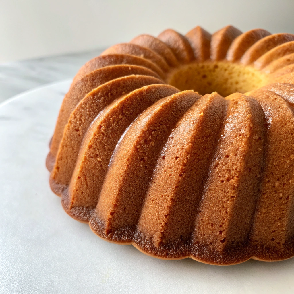 Close-up view of a perfectly baked bundt cake showcasing its moist texture and golden brown crust.