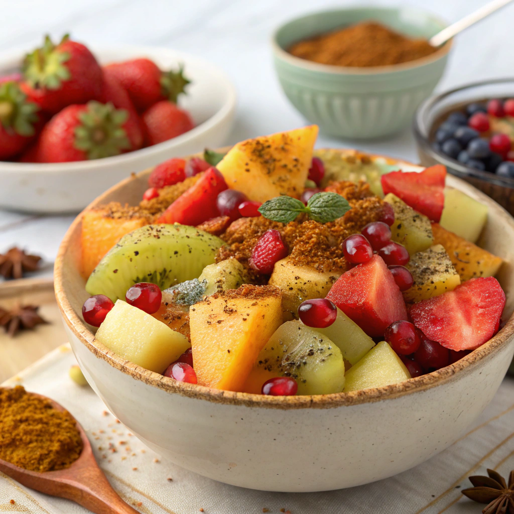 A vibrant Fruit Chaat featuring mixed fresh fruits sprinkled with spices, perfect for easy Ramadan recipes