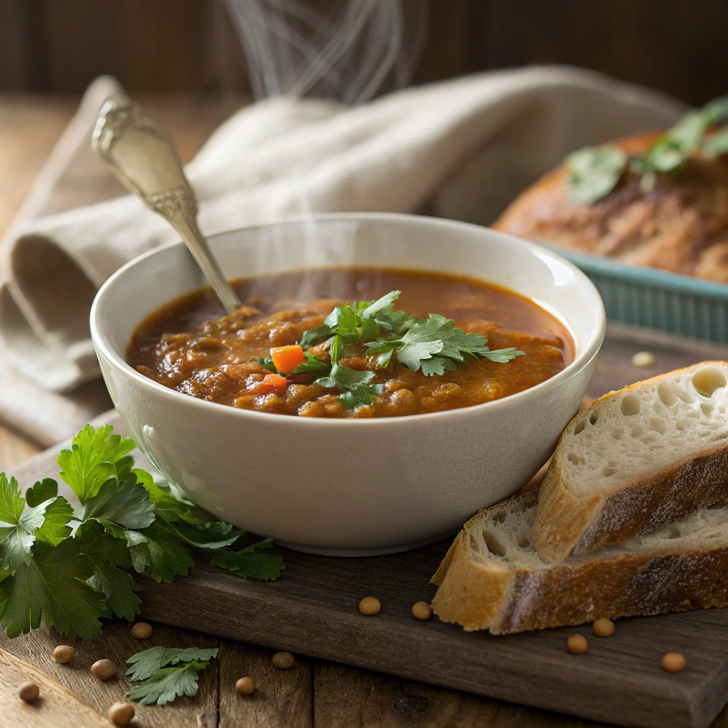 A warm bowl of lentil soup garnished with fresh cilantro and served with bread.