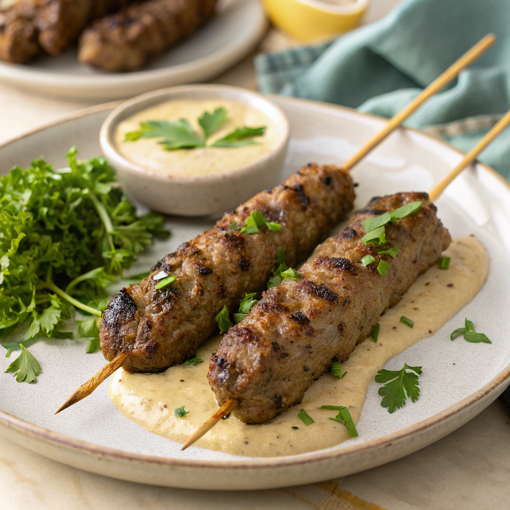 Ramadan Recipes.Grilled beef kofta served on a plate with a side of tahini sauce.