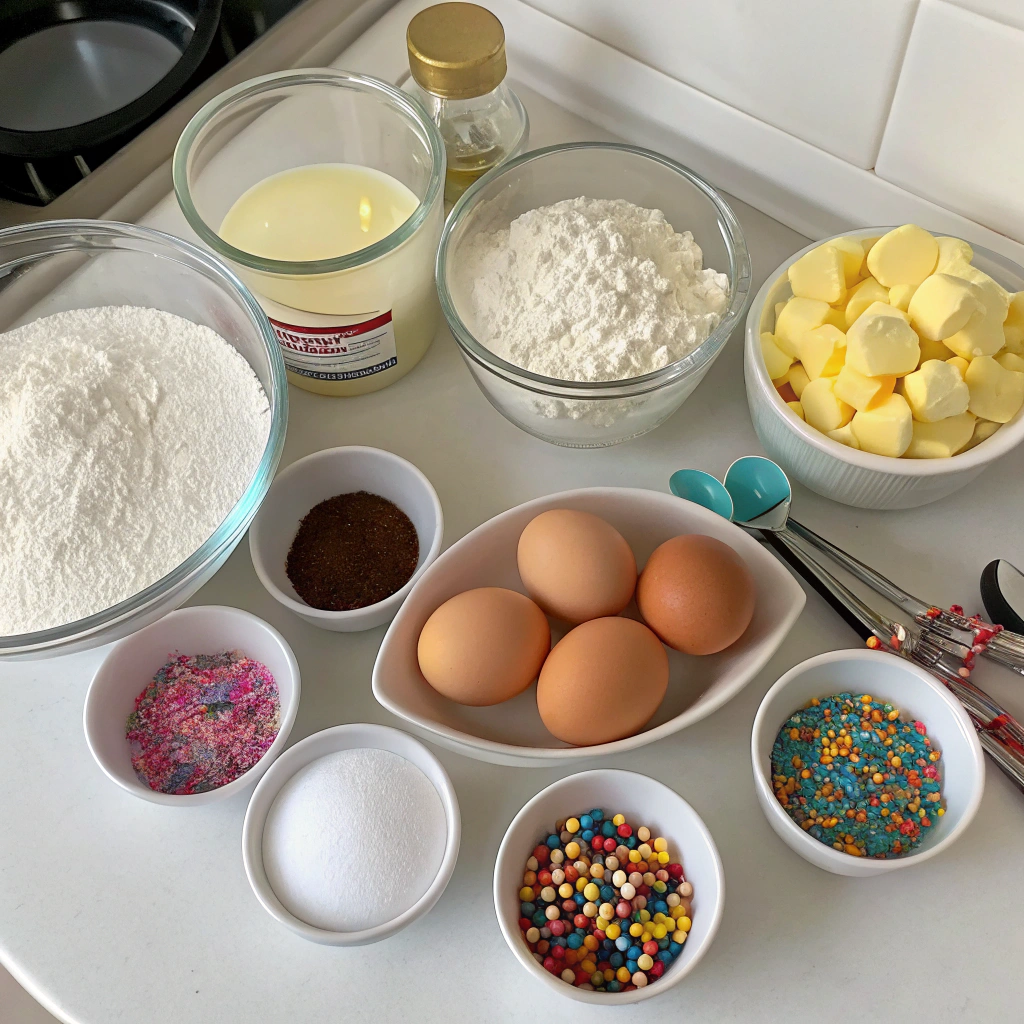 All ingredients for the birthday cake displayed on a countertop.