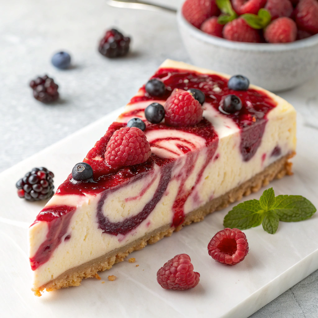 Berry swirl cheesecake with a vibrant raspberry sauce and fresh berries