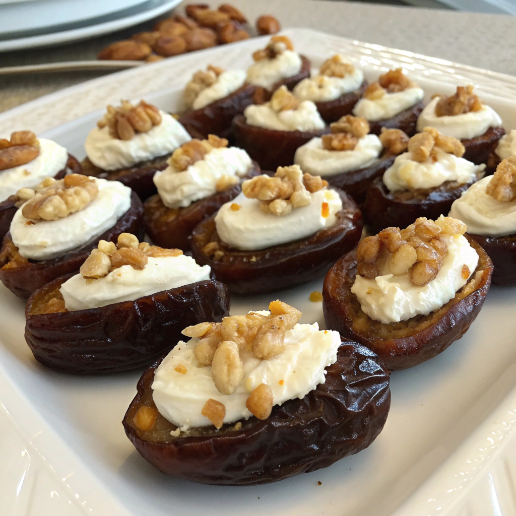 A platter of stuffed dates filled with cream cheese and topped with chopped nuts.Ramadan Recipes