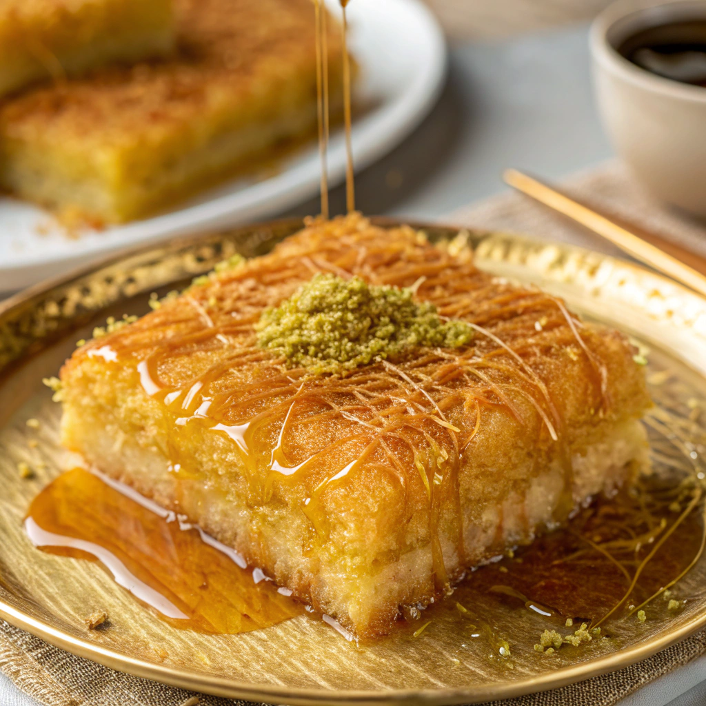 A golden plate of kunafa drizzled with syrup, showcasing delightful Ramadan ideas.