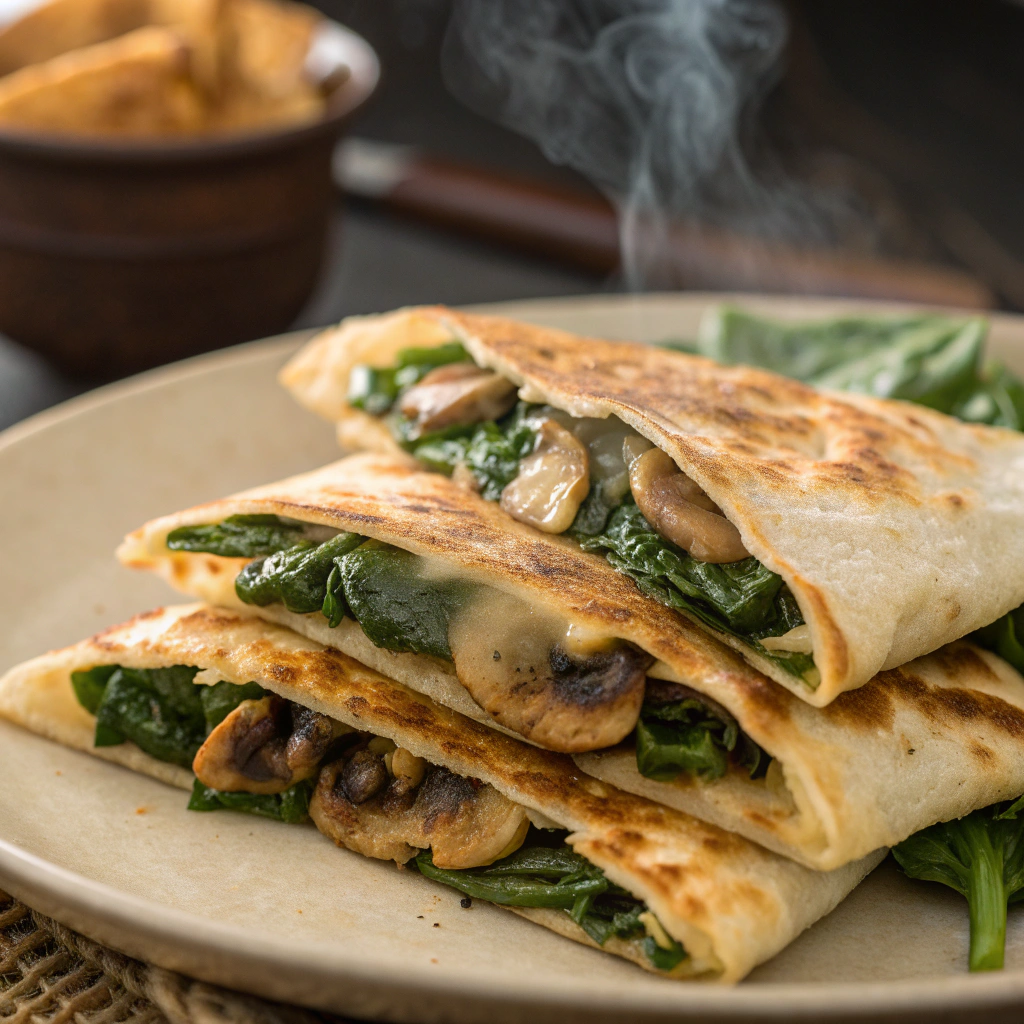 Golden-brown mushroom and spinach quesadillas served with a side of salsa, a delicious Ramadan recipe idea.