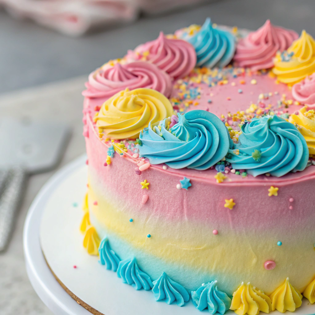 Close-up of the birthday cake with colorful frosting.