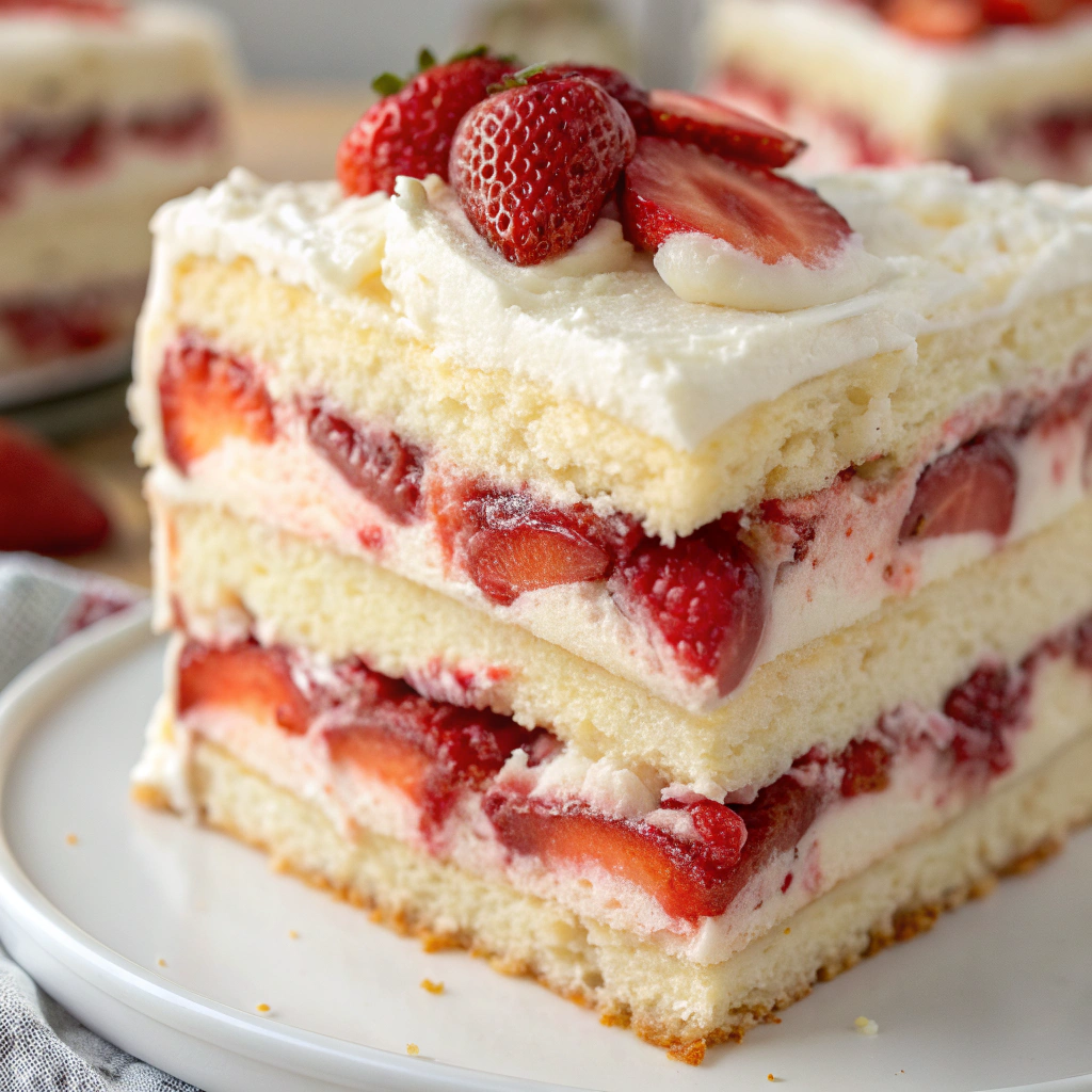 Close-up view of Strawberry Earthquake Cake showcasing its layers