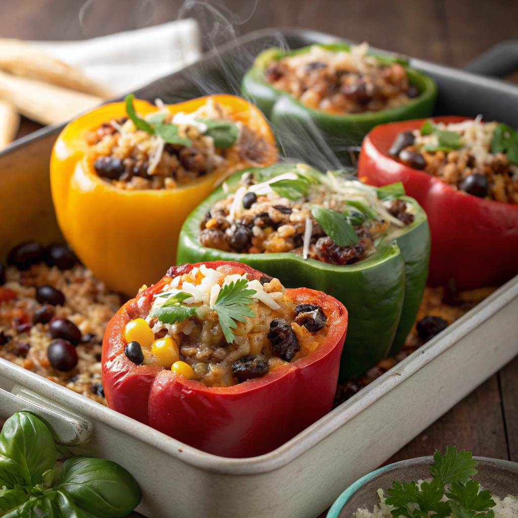 Colorful stuffed bell peppers filled with rice and spices, a vibrant Ramadan recipe idea.Ramadan ideas