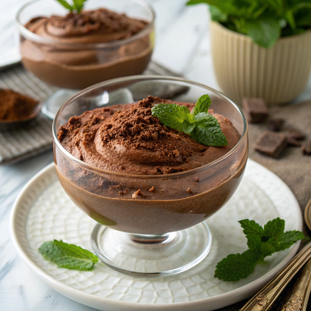 Creamy chocolate avocado mousse served as an easy dessert recipe.