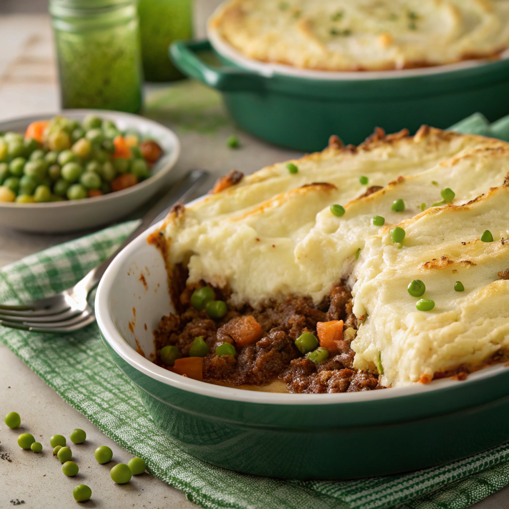 Delicious Shepherd's Pie featuring a savory meat layer topped with creamy mashed potatoes, a fantastic St. Patrick's Day Dinner Recipe.