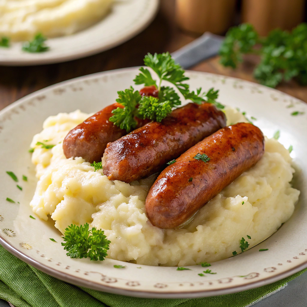 Traditional Bangers and Mash featuring juicy sausages and creamy mashed potatoes, a comforting St. Patrick's Day Dinner Recipe.