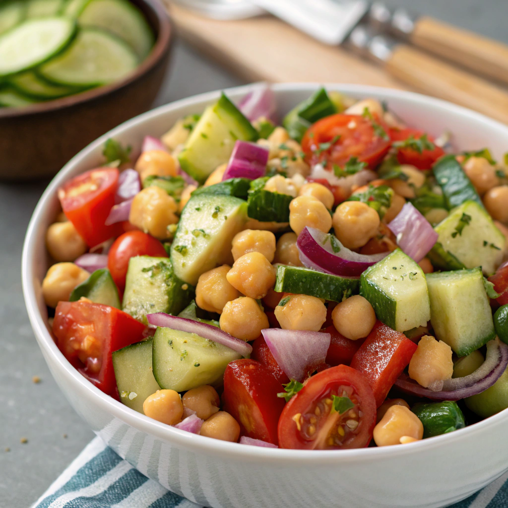 A vibrant chickpea salad featuring diced cucumbers, tomatoes, and red onions.Ramadan Recipes