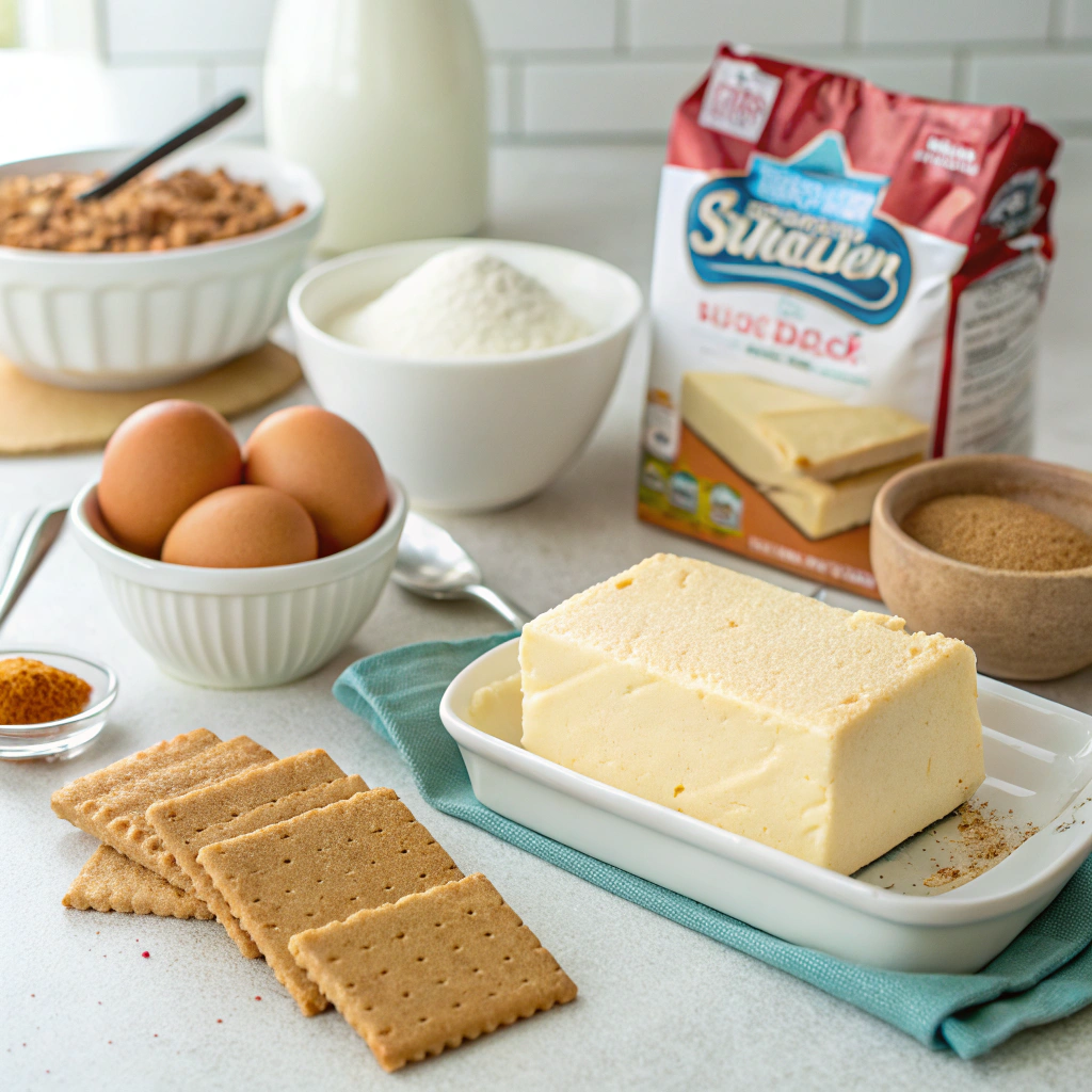 Ingredients for easy cheesecakes including cream cheese, eggs, sugar, and graham crackers.