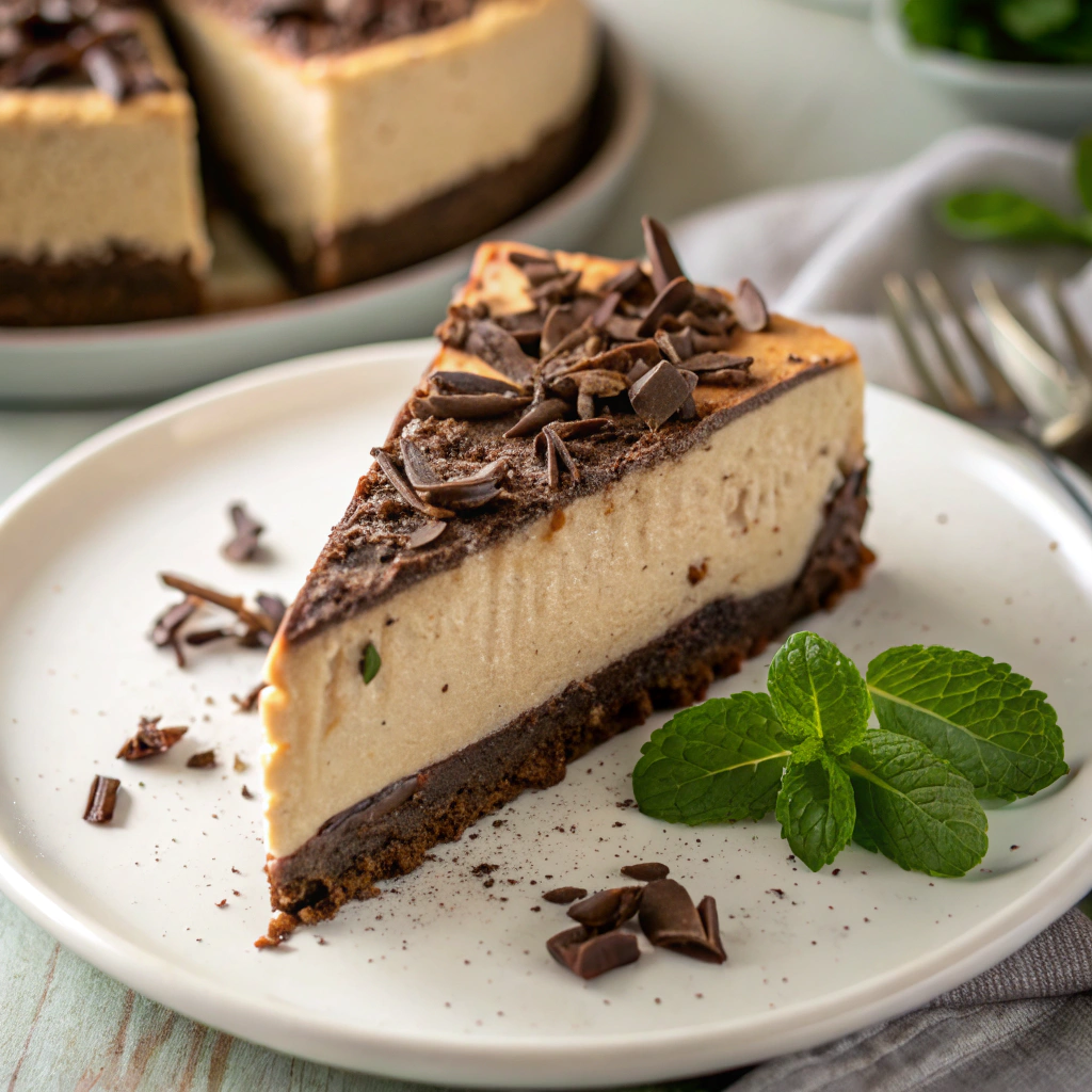 A slice of Irish Cream Cheesecake adorned with chocolate shavings, representing delicious St. Patrick's Day Desserts.