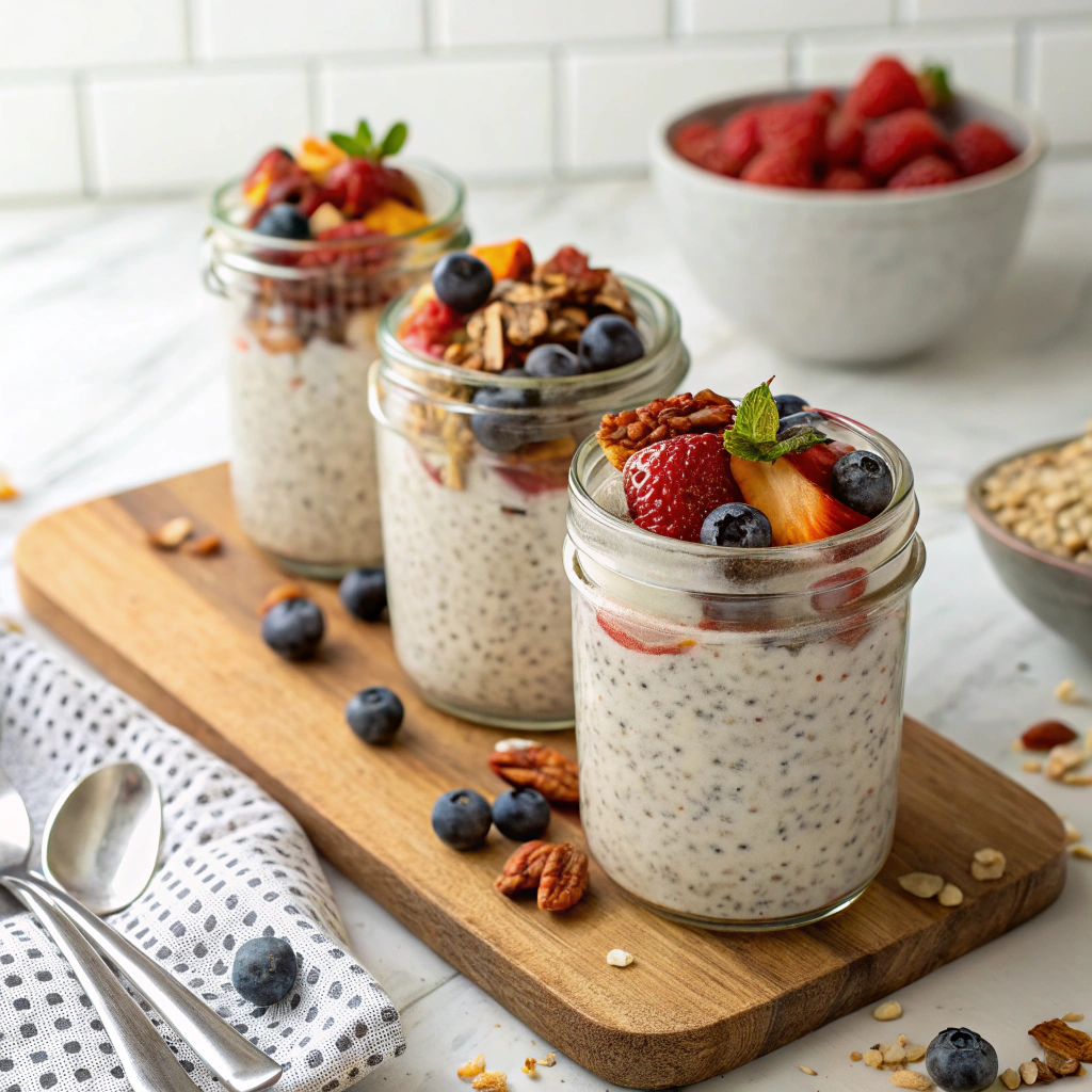 Delicious overnight oats with chia seeds served in jars as an easy dessert recipe.