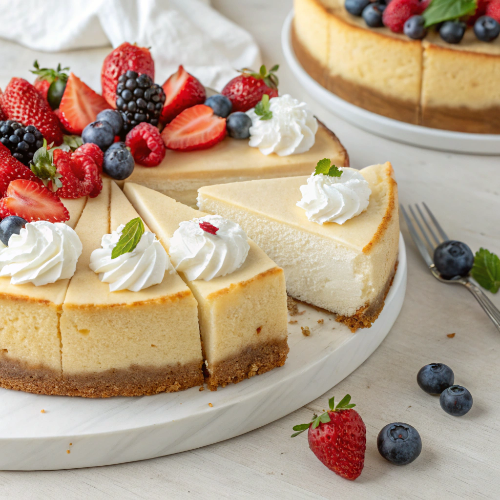 Sliced easy cheesecake topped with fresh berries and a dollop of whipped cream