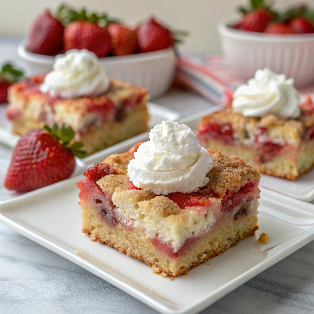 Slices of Strawberry Earthquake Cake served on a white plate with whipped cream