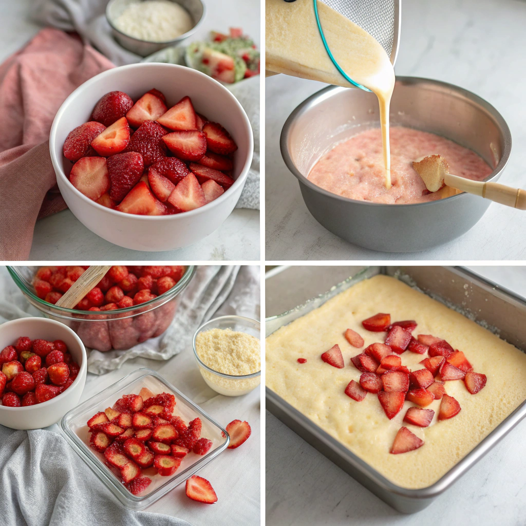 Step-by-step preparation of Strawberry Earthquake Cake in a mixing bowl