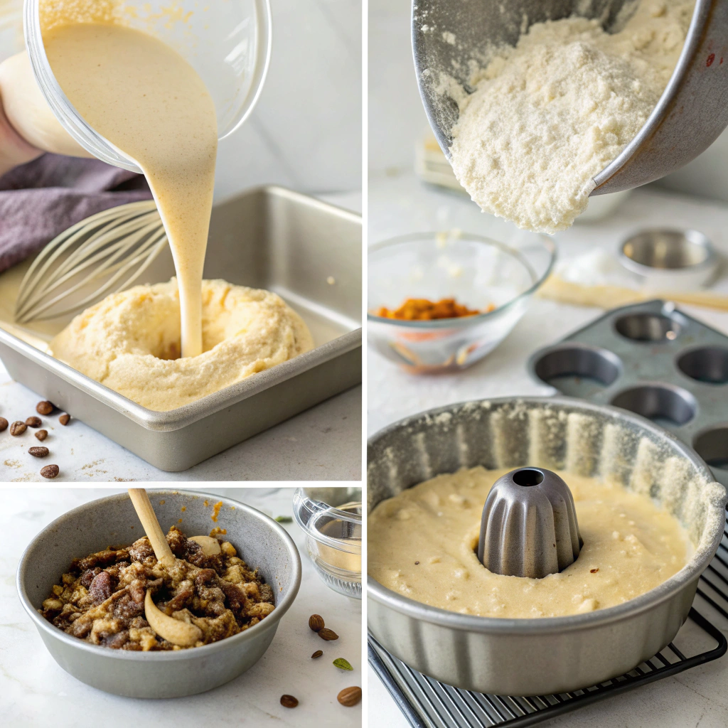 Step-by-step process of mixing ingredients and pouring batter into a bundt pan.