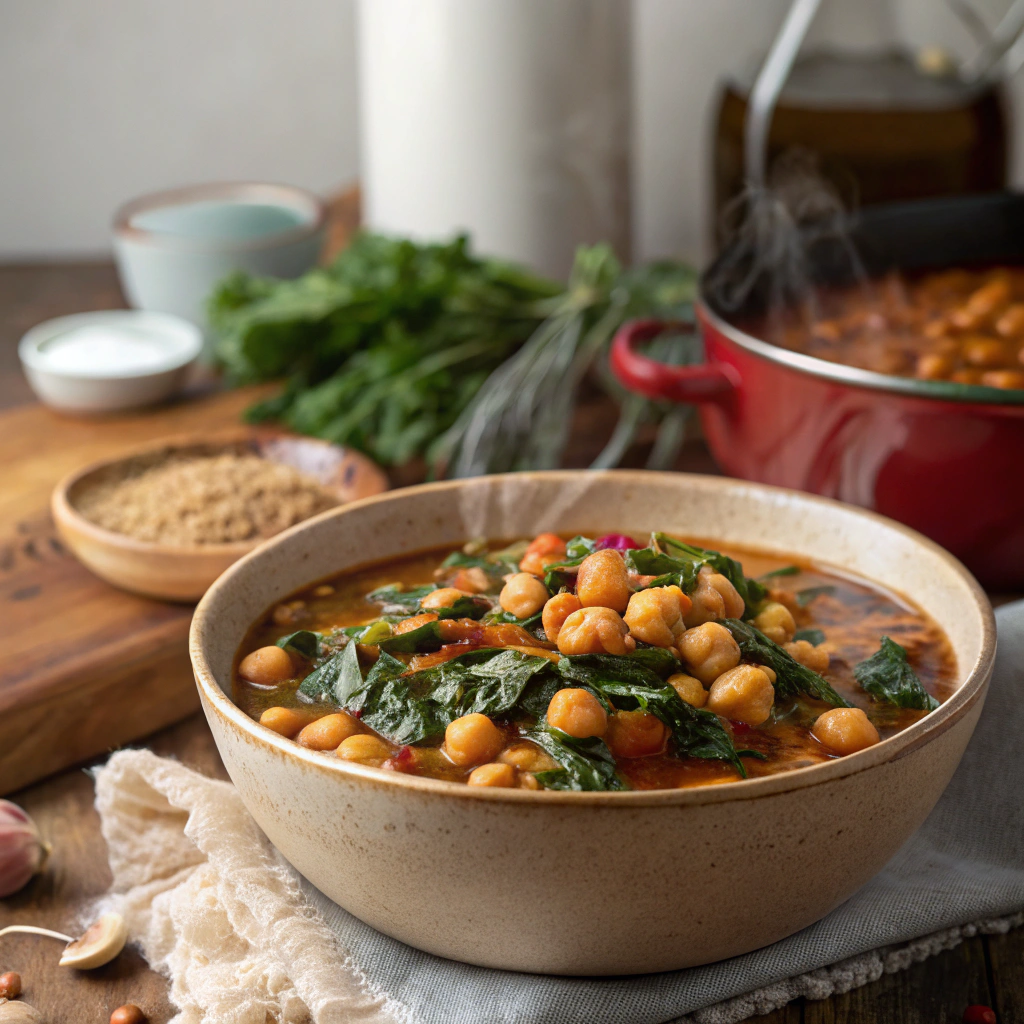 A warm bowl of Chickpea Stew, filled with hearty chickpeas and spinach, showcasing easy Ramadan recipes.