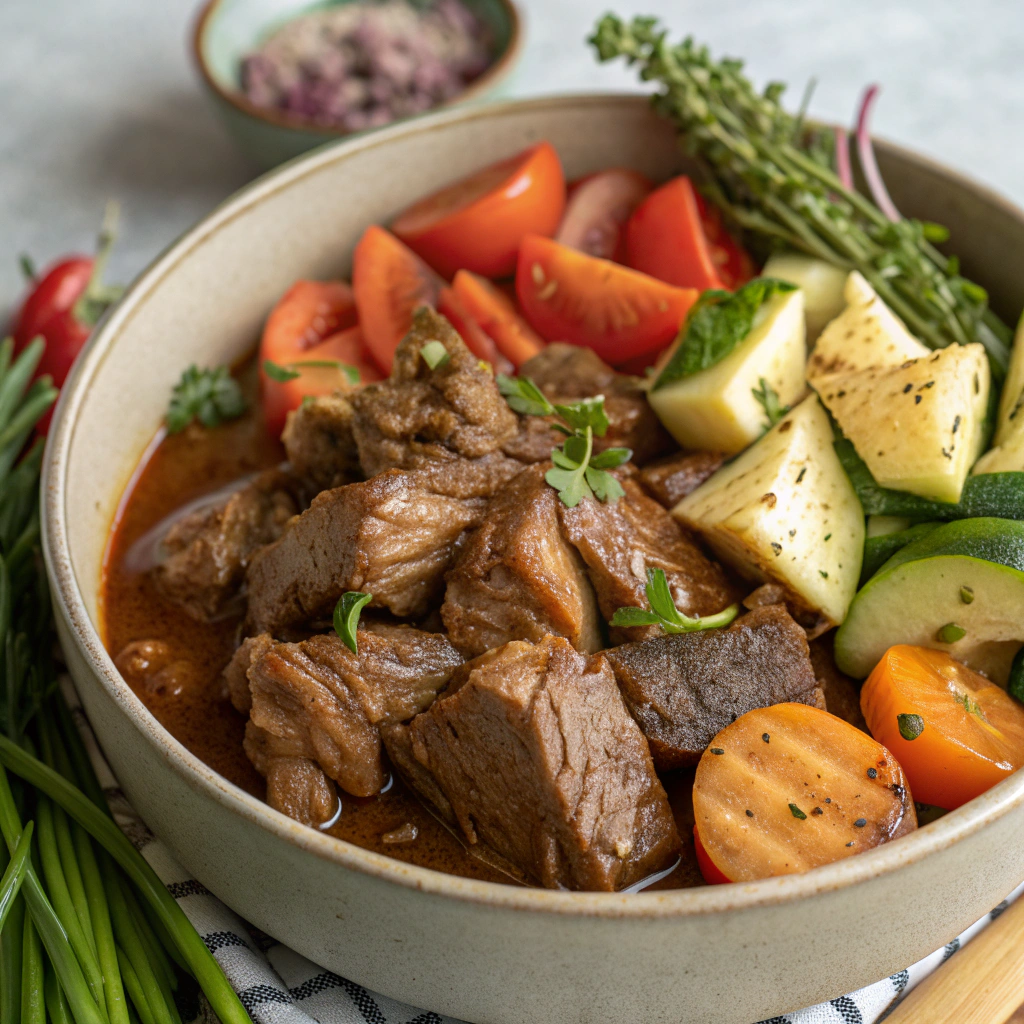 Tender chunks of slow-cooked lamb served in a bowl with vegetables.