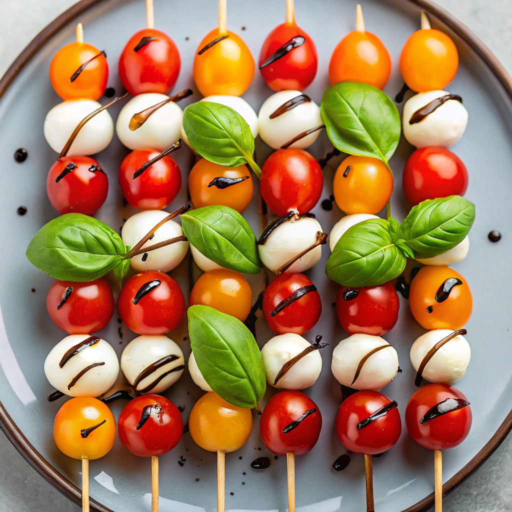 Caprese skewers with cherry tomatoes, mozzarella, and basil, perfect for party foods.