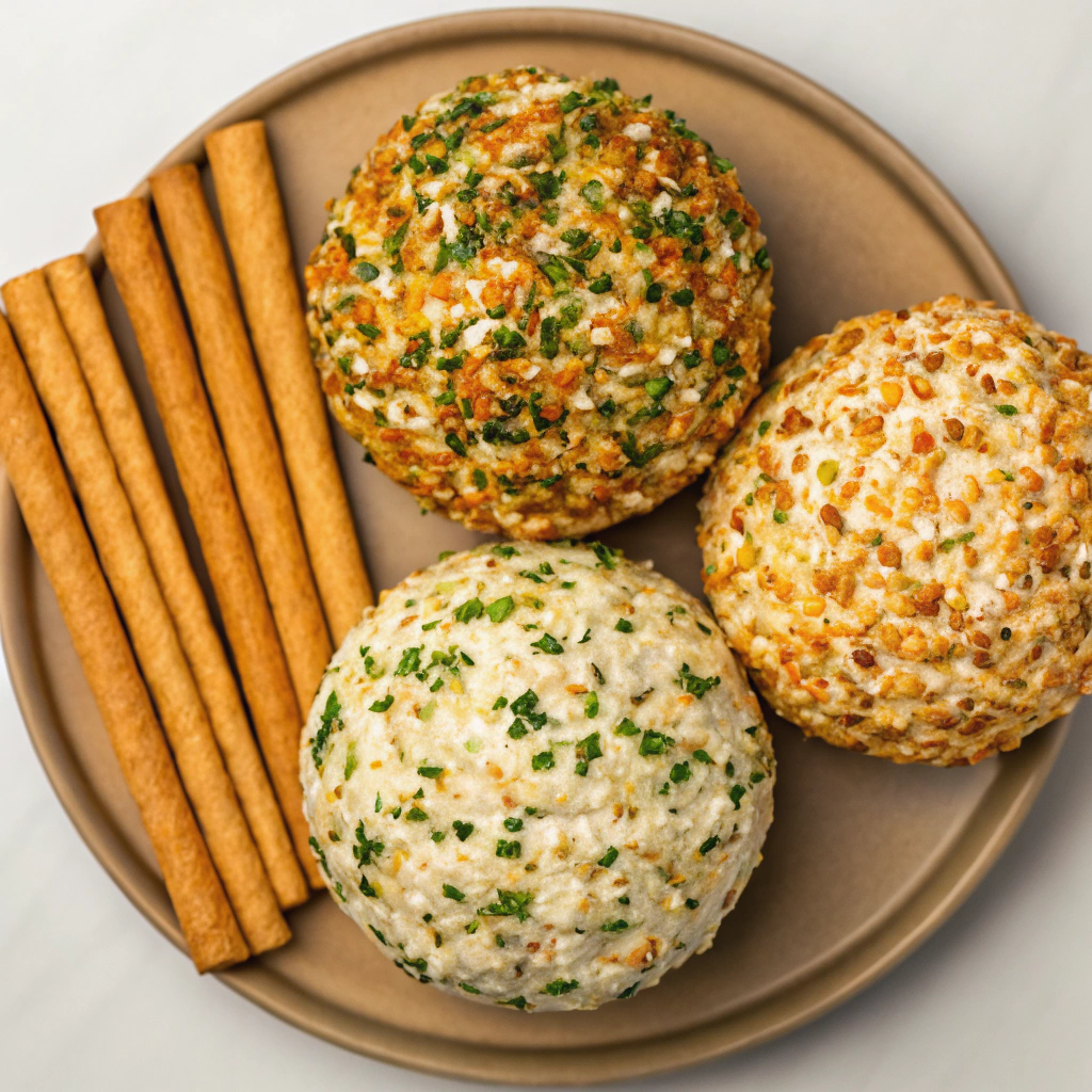 A cheese ball trio displayed on a platter, representing festive party foods.