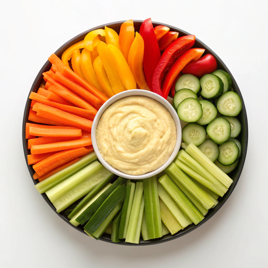 A colorful hummus and veggie platter, showcasing fresh party foods.