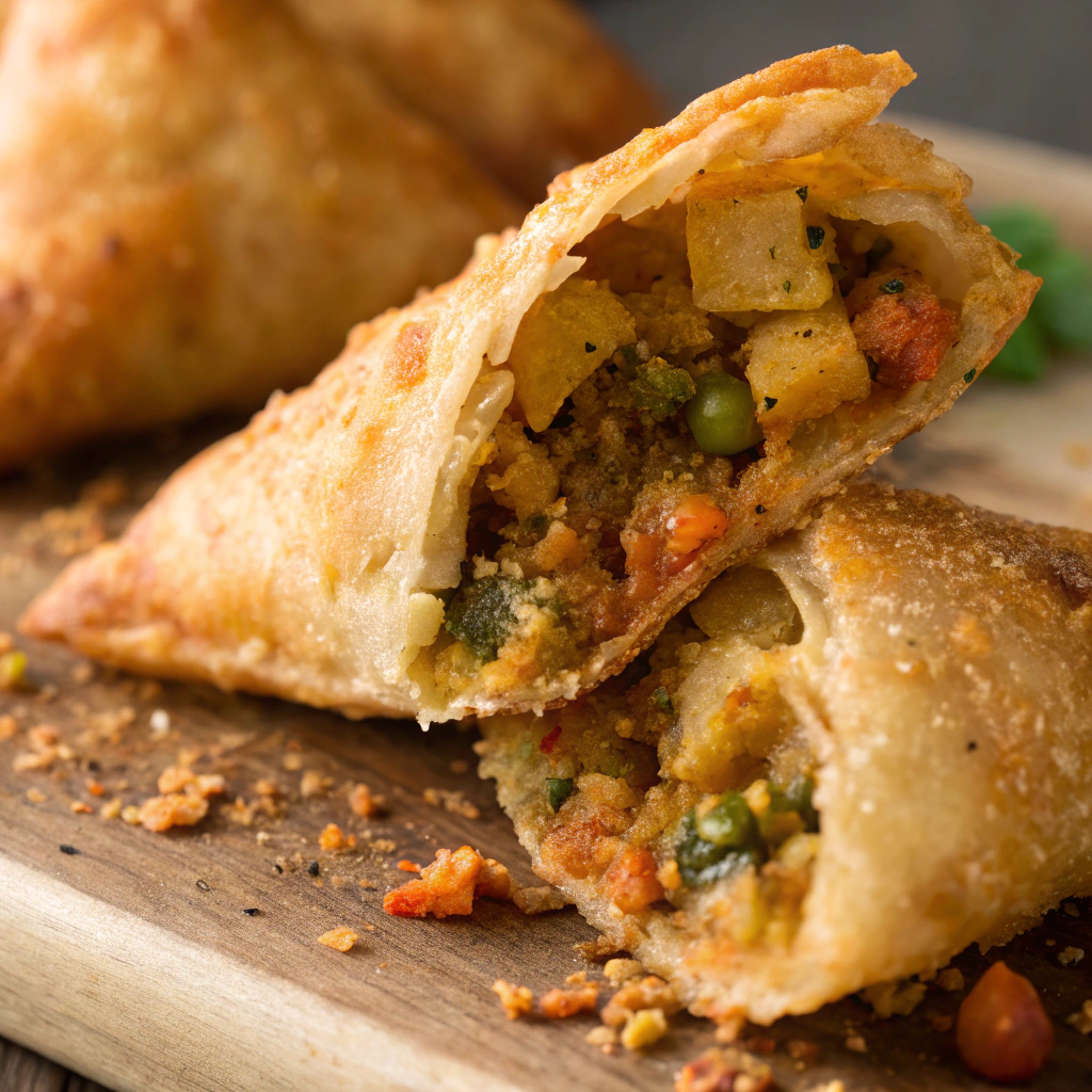 A close-up view of a samosa cut in half showing the savory filling inside.