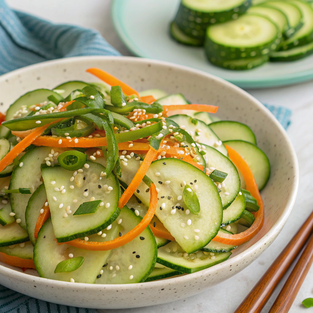 A colorful Asian cucumber salad garnished with sesame seeds and green onions, illustrating a flavorful cucumber salad recipe.