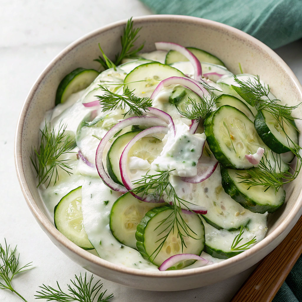 A creamy cucumber salad made with Greek yogurt and fresh dill, representing a tasty cucumber salad recipe.