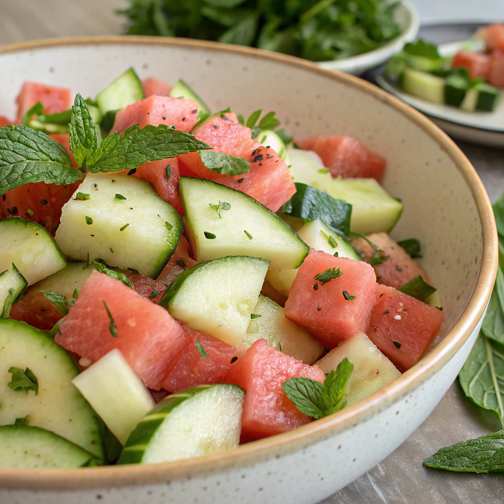 A vibrant cucumber and melon salad featuring diced watermelon and mint, showcasing a unique cucumber salad recipe.