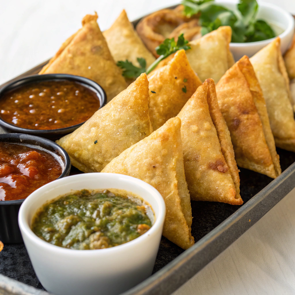 A serving platter of samosas with various dipping sauces on the side.