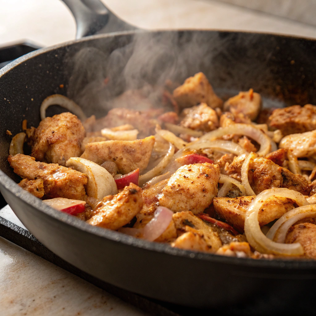A skillet filled with chicken, onions, and spices sautéing together.