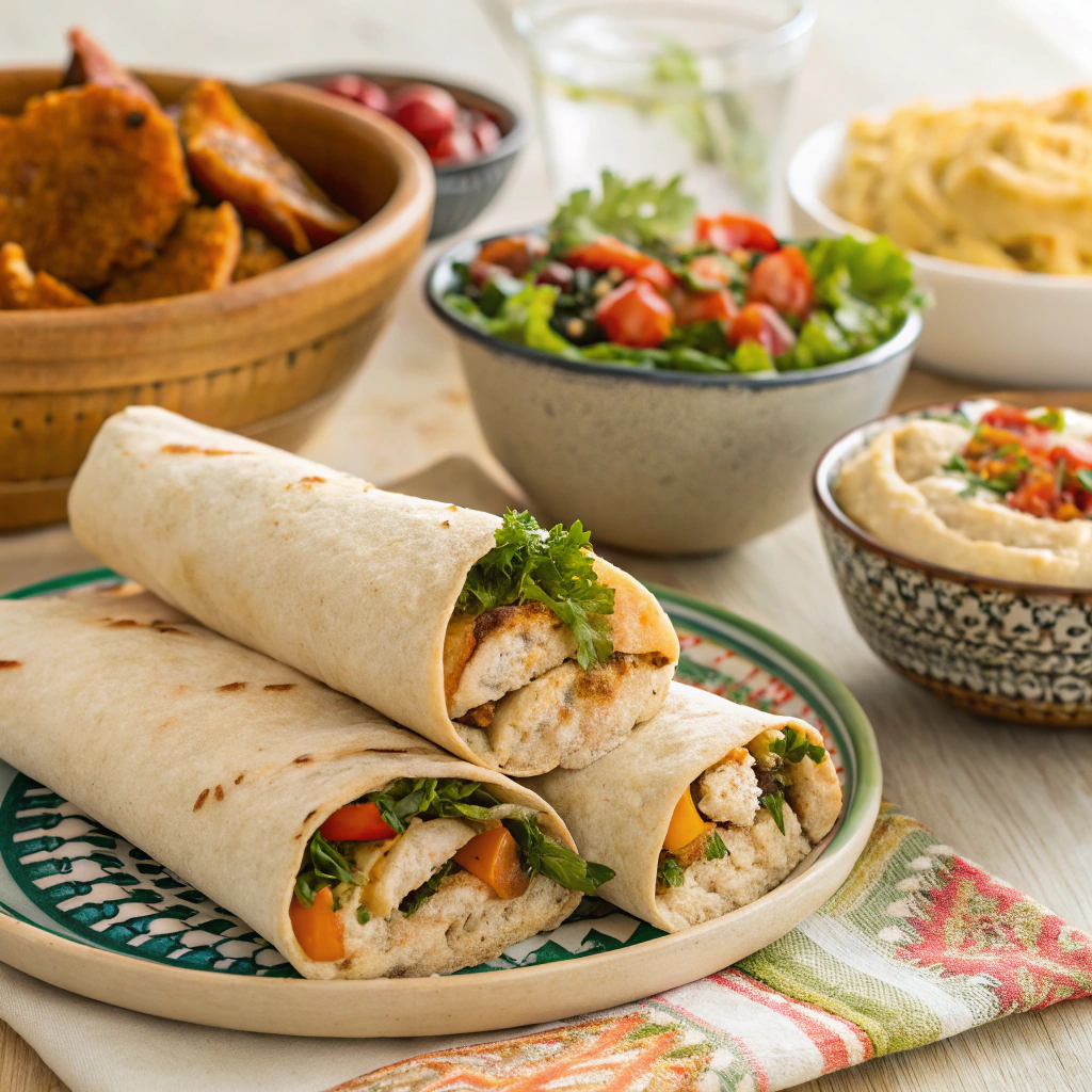 A table set with Chicken Shawarma Wraps and side dishes like hummus and salad.