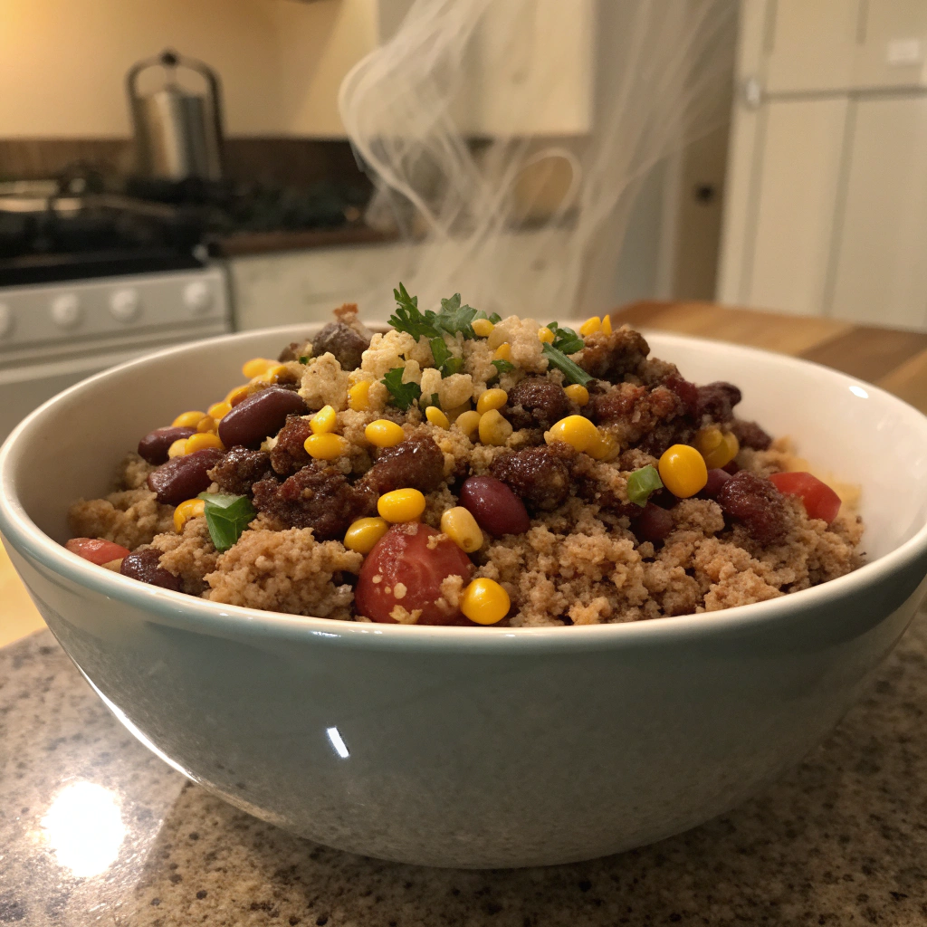 A wholesome bowl of Healthy Ground Beef and quinoa mixed with beans and corn, featuring healthy ground beef recipes.